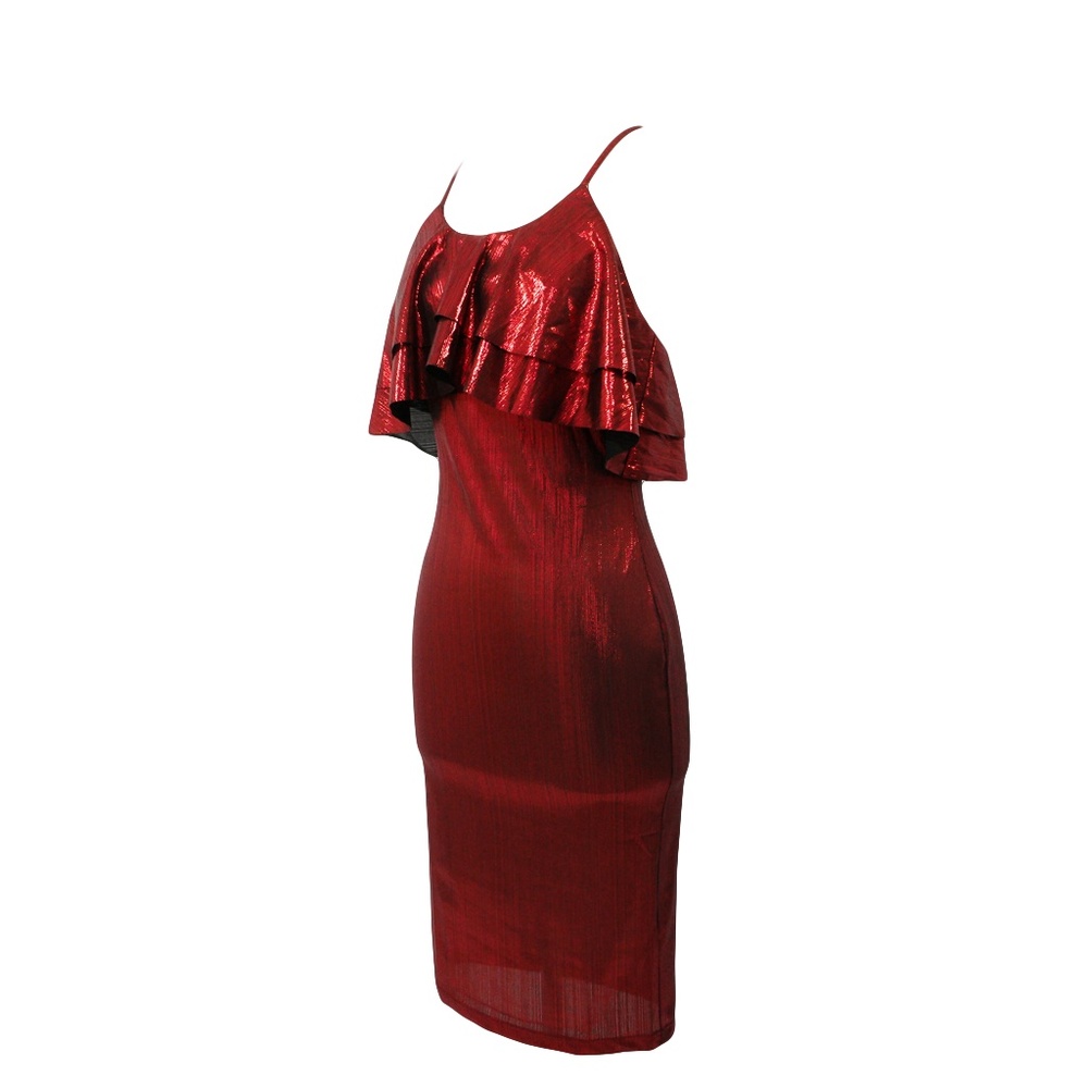 Metallic Bodycon Midi Dress Ruffle Red - Picture 7 of 8
